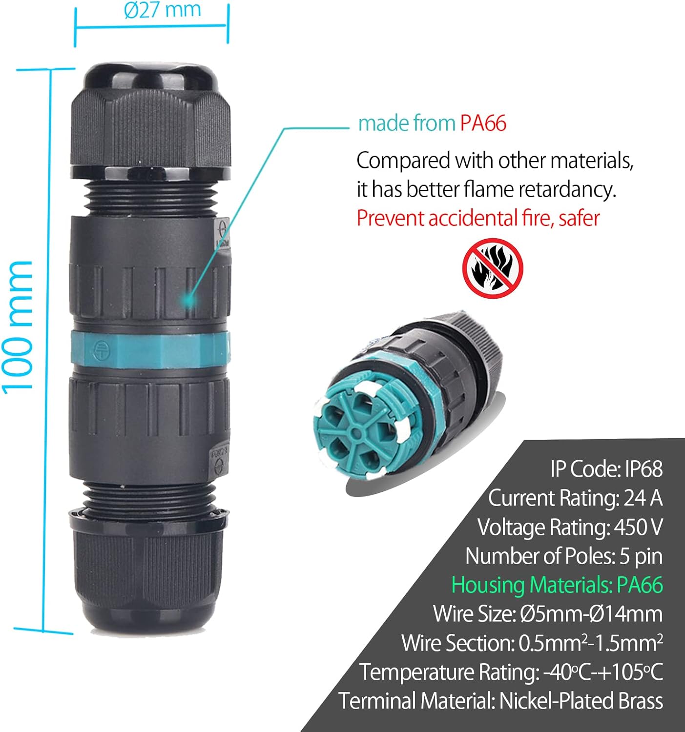 Detalle de Kabelverbinder IP68 5-polig M25 2er-Pack – wasserdicht, TÜV-zertifiziert, Ø5–Ø14 mm