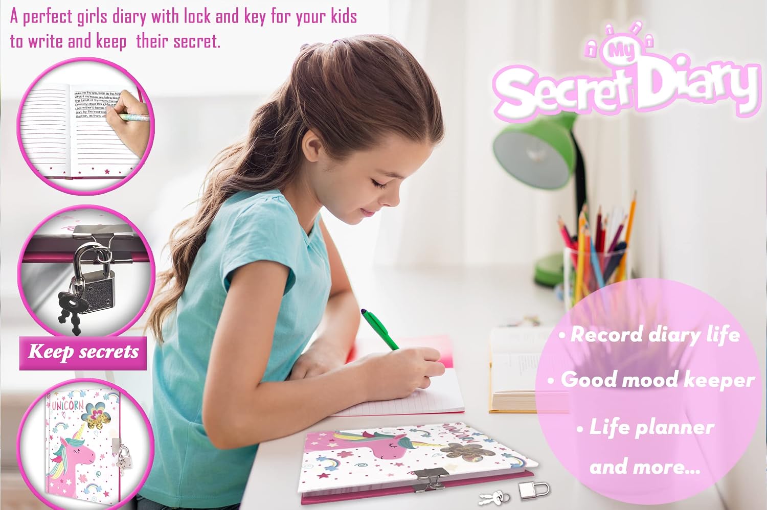 Detalle de GINMLYDA Unicorn Diary with Lock, Sequin Hardcover, 160 Lined Pages