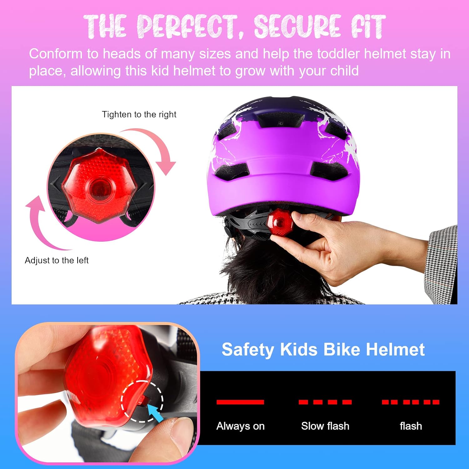 Detalle 2 de RaMokey Casque de vélo léger pour enfants – réglable 48-56 cm, feu arrière et visière amovible