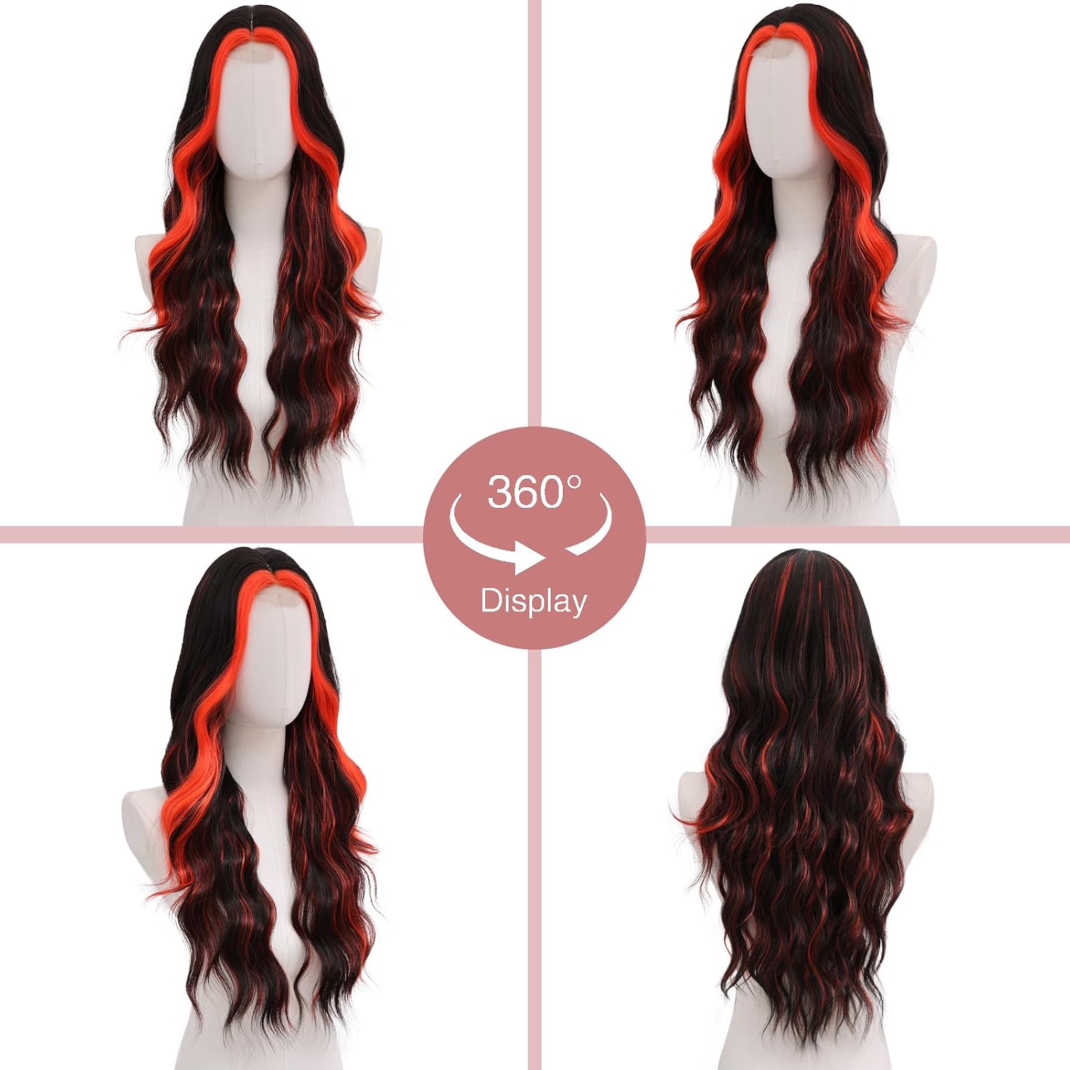 Detalle 2 de NAYOO 26-Inch Black and Red Wavy Synthetic Wig for Women