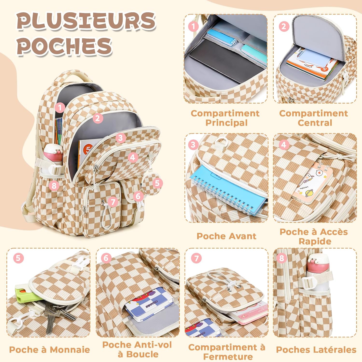 Detalle de Sisipoet Sac à Dos Velours Côtelé Damier, Cartable Avec Pochette Ronde – idéal pour l’école