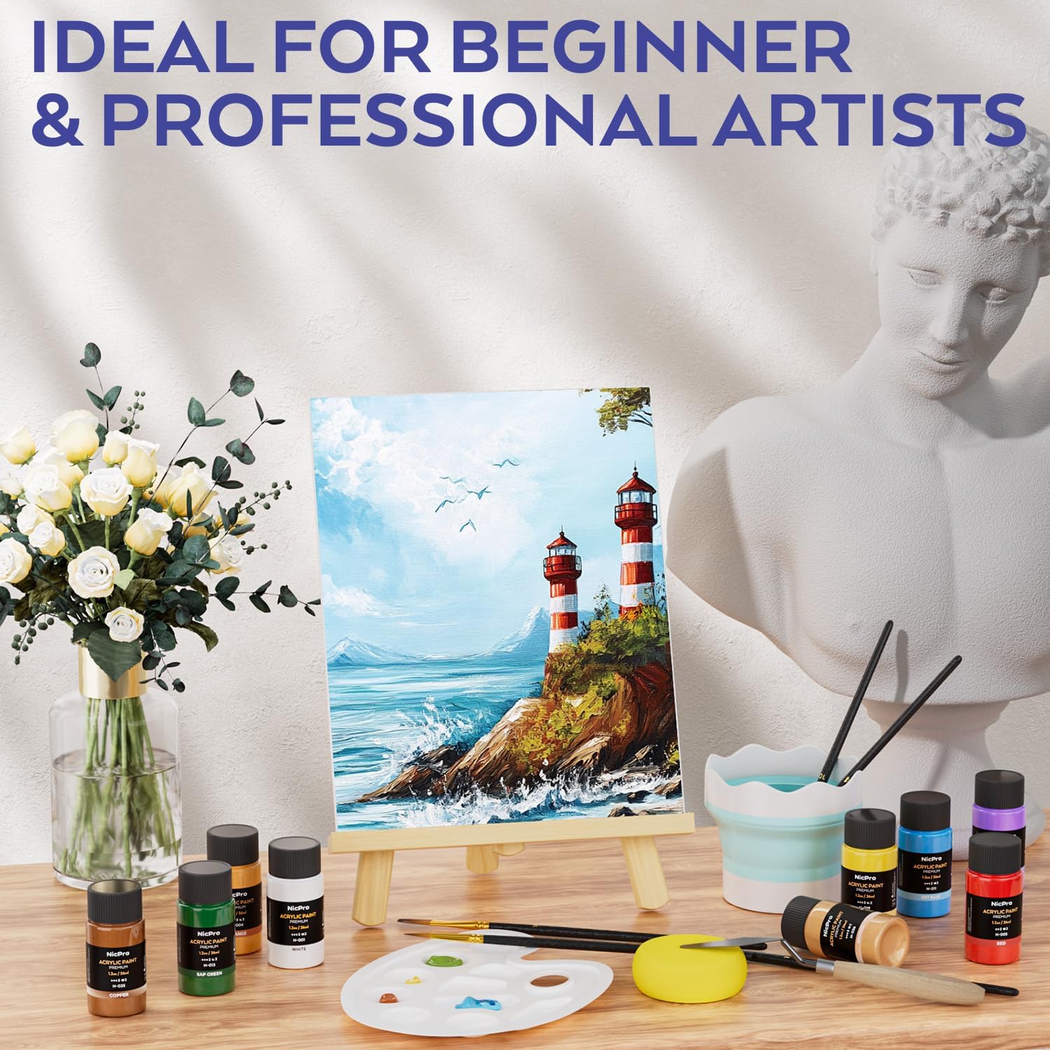 Thumbnail 6 de Nicpro Acrylic Paint Canvas Set for Adults – 80-Piece Art Kit with 36 Paints, Easel, 10 Canvases & Accessories