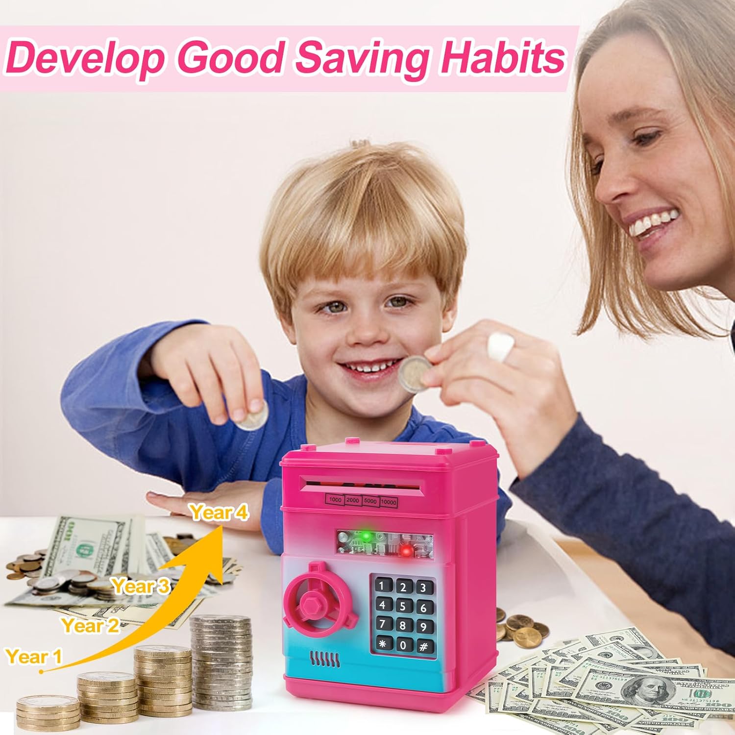 Detalle de Refasy Piggy Bank Cash Coin Can ATM Bank – Password-Protected Electronic Coin Box for Kids (Age 3–12)