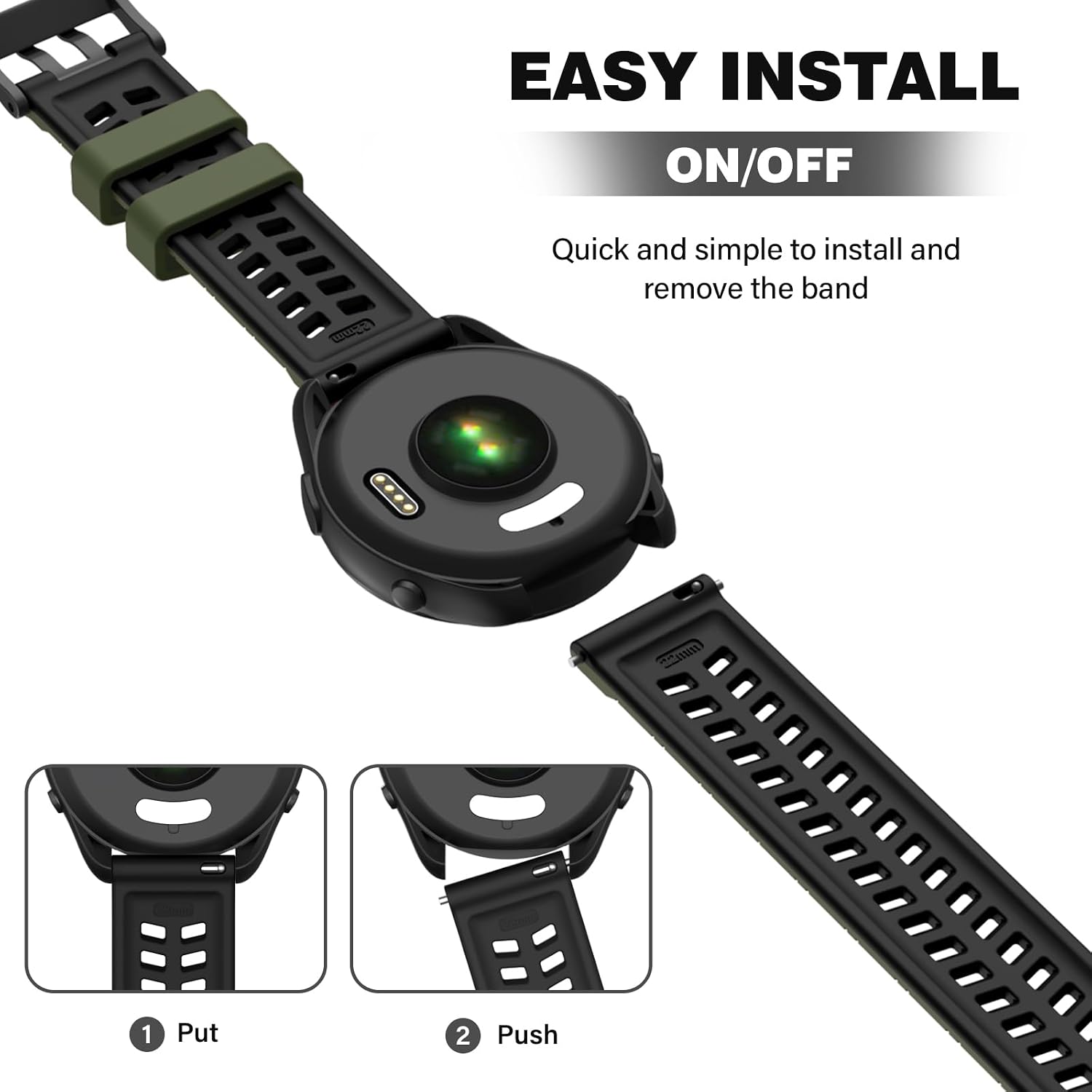 Detalle 2 de OVERSTEP Silicone Replacement Strap for Garmin Forerunner 255/265, Vivoactive 4, Venu 3/2 (22mm Quick Release)