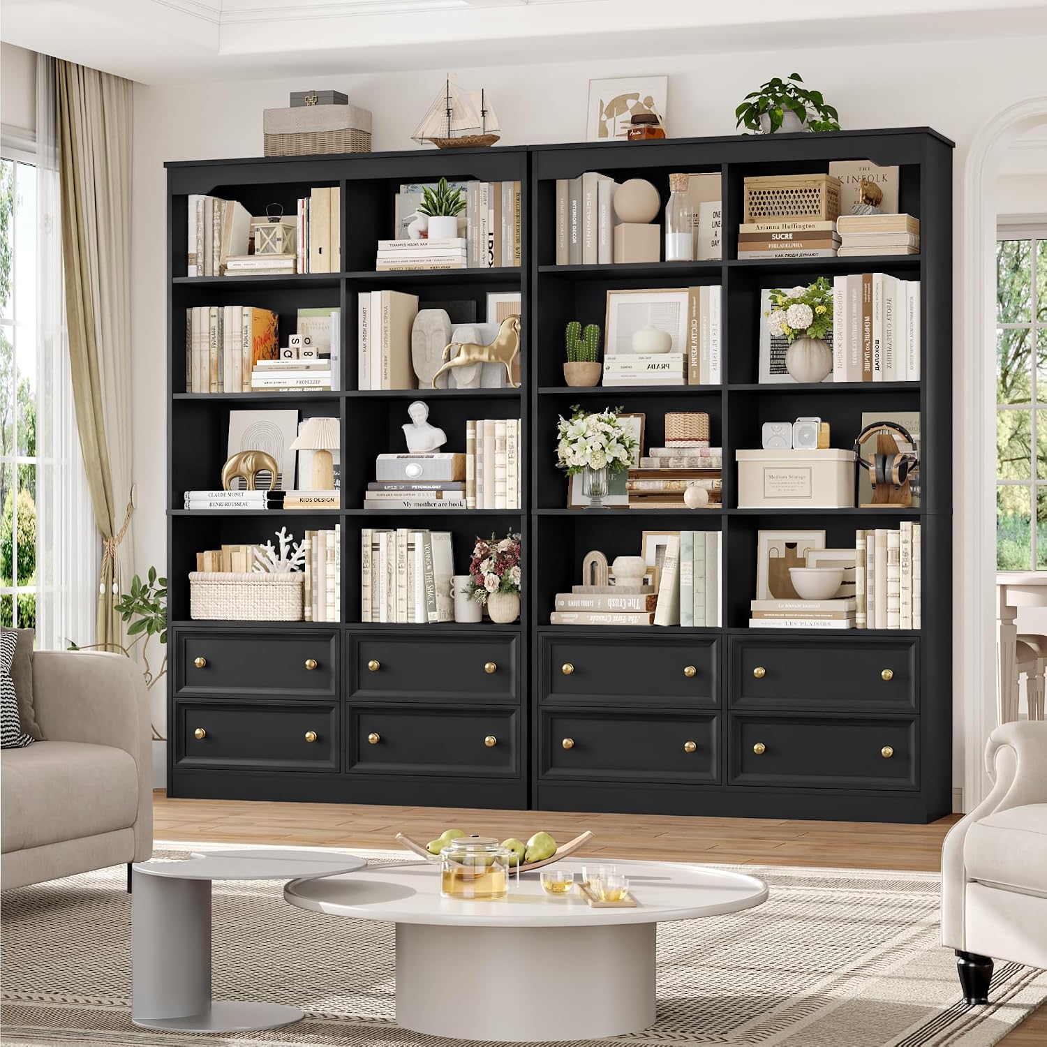 Detalle de FirFurd P124 Bookcase, 8 Compartments and 4 Drawers, Black, 100 x 30 x 180 cm