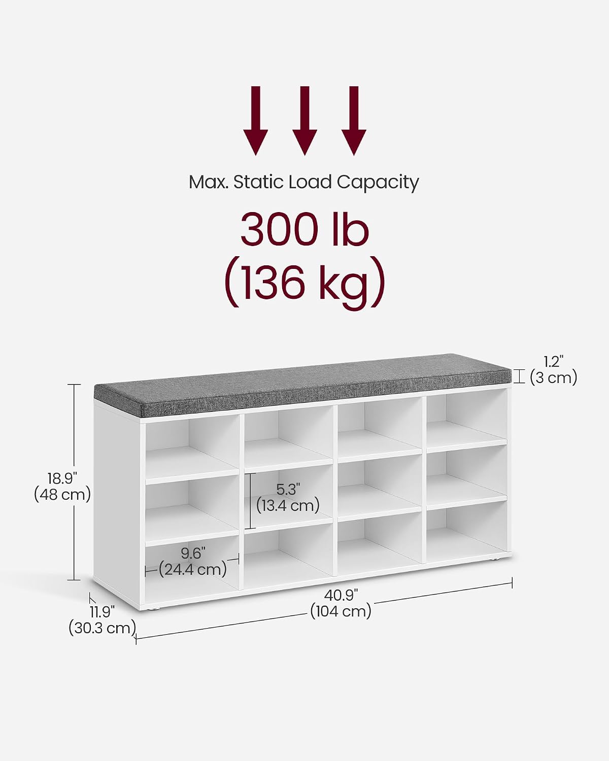 Detalle de VASAGLE CUSTOS LHS012W14 Shoe Bench with Padded Seat, 12 Compartments