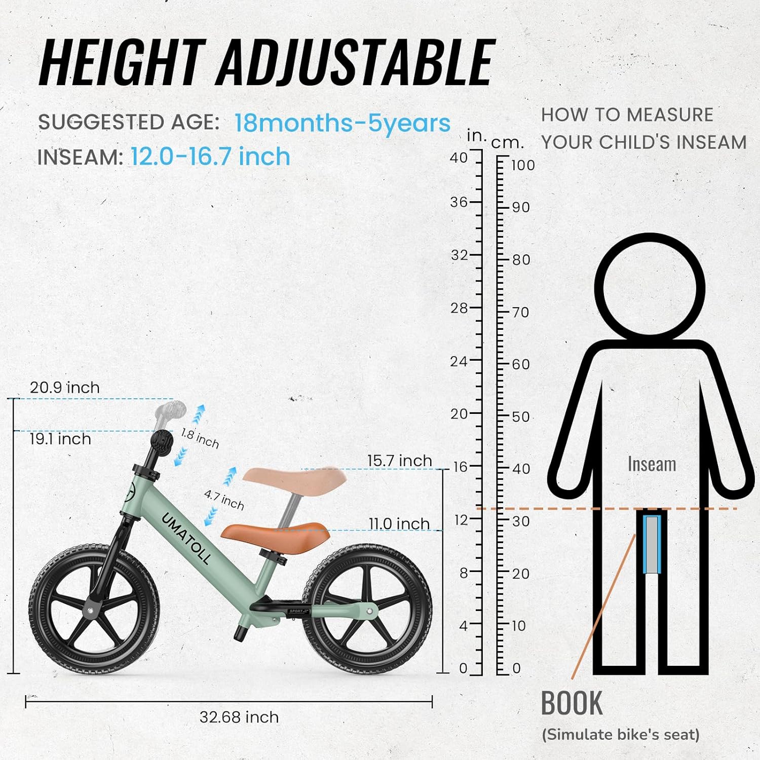 Thumbnail 2 de Umatoll Toddler Balance Bike: Adjustable 2-5 Year Old Toy Bicycle for Safe, Early Riding