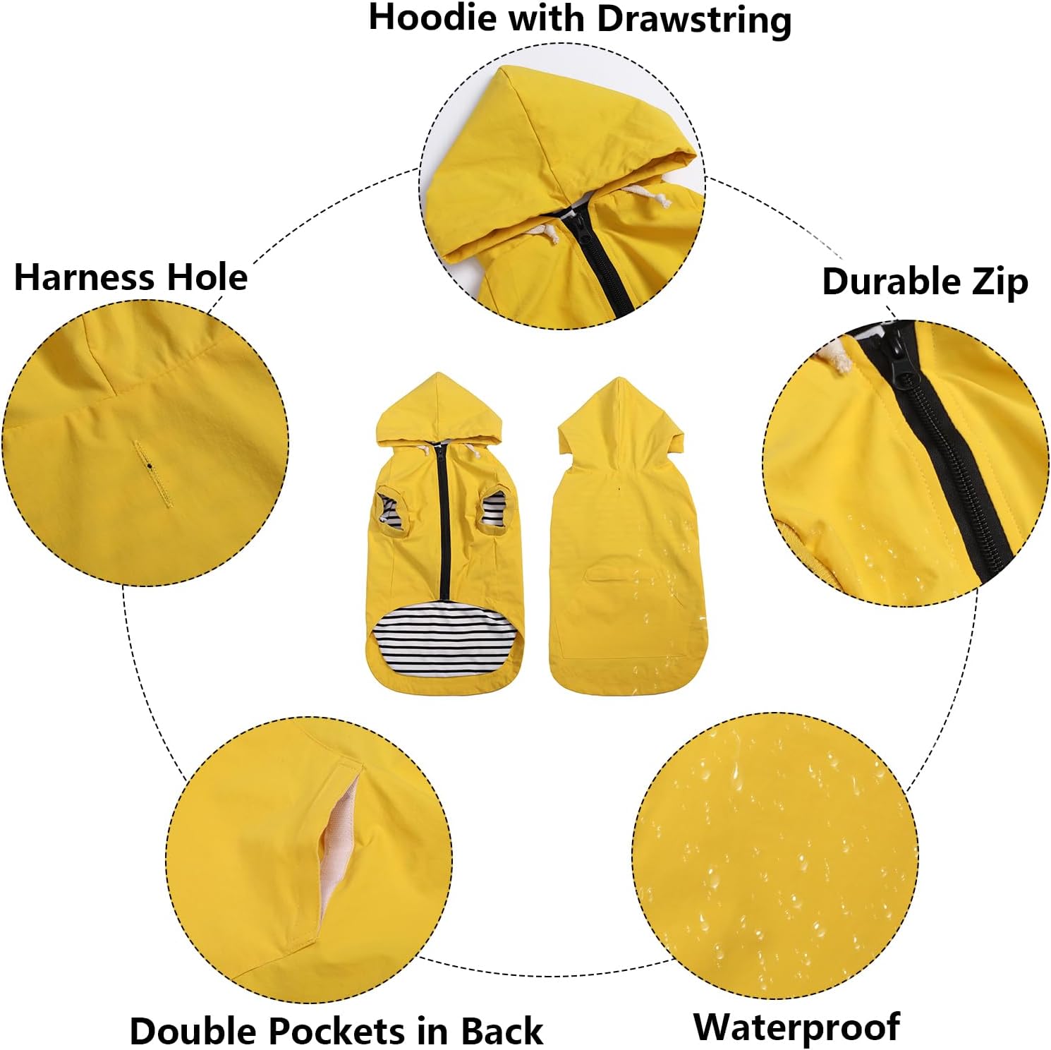 Thumbnail 3 de Dog raincoat waterproof jacket with hood, zipper & back pocket (Yellow) – Size S