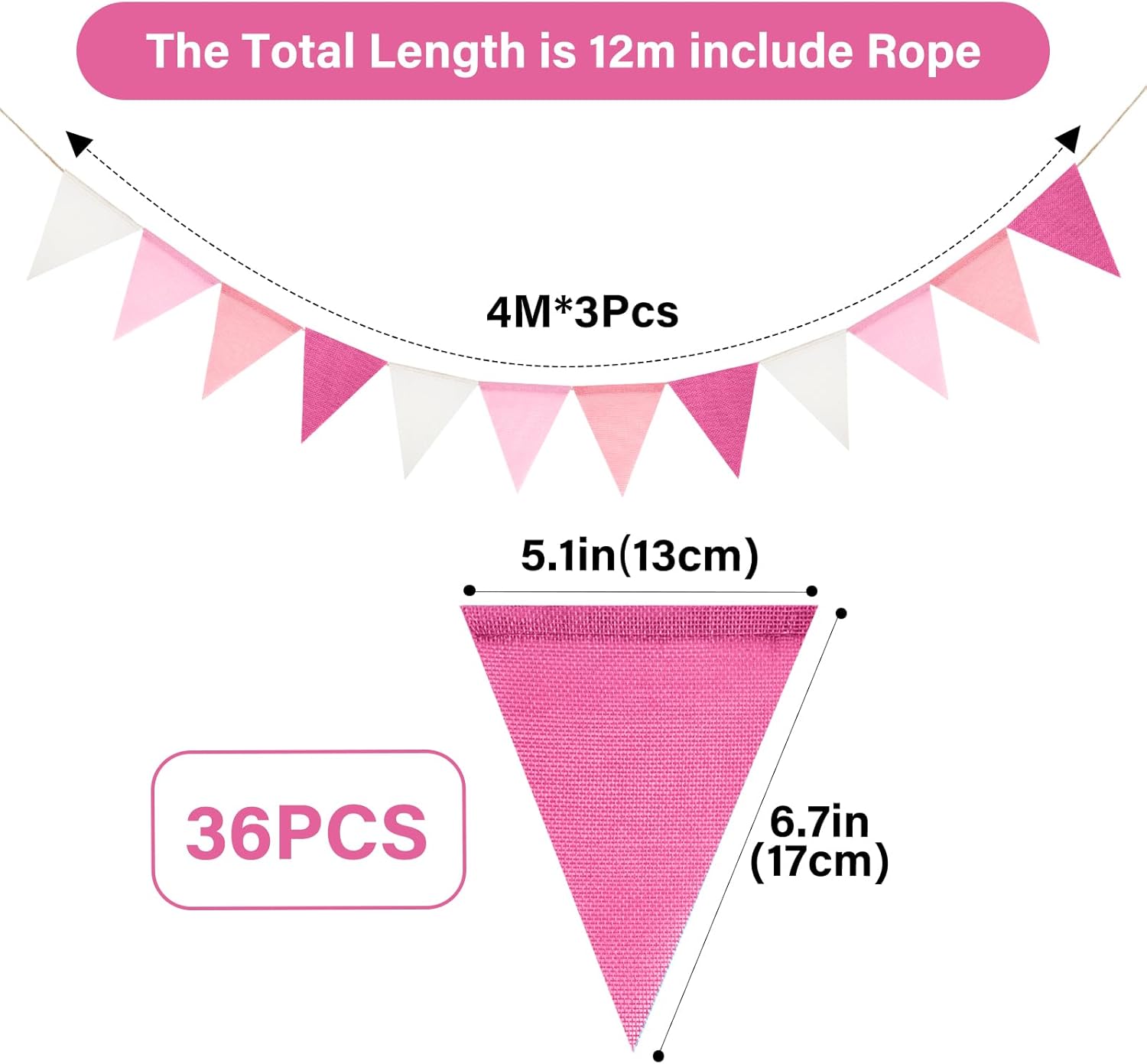 Detalle de jijAcraft 36PCS Pink Burlap Bunting with 12M Pre-strung Hessian Banner