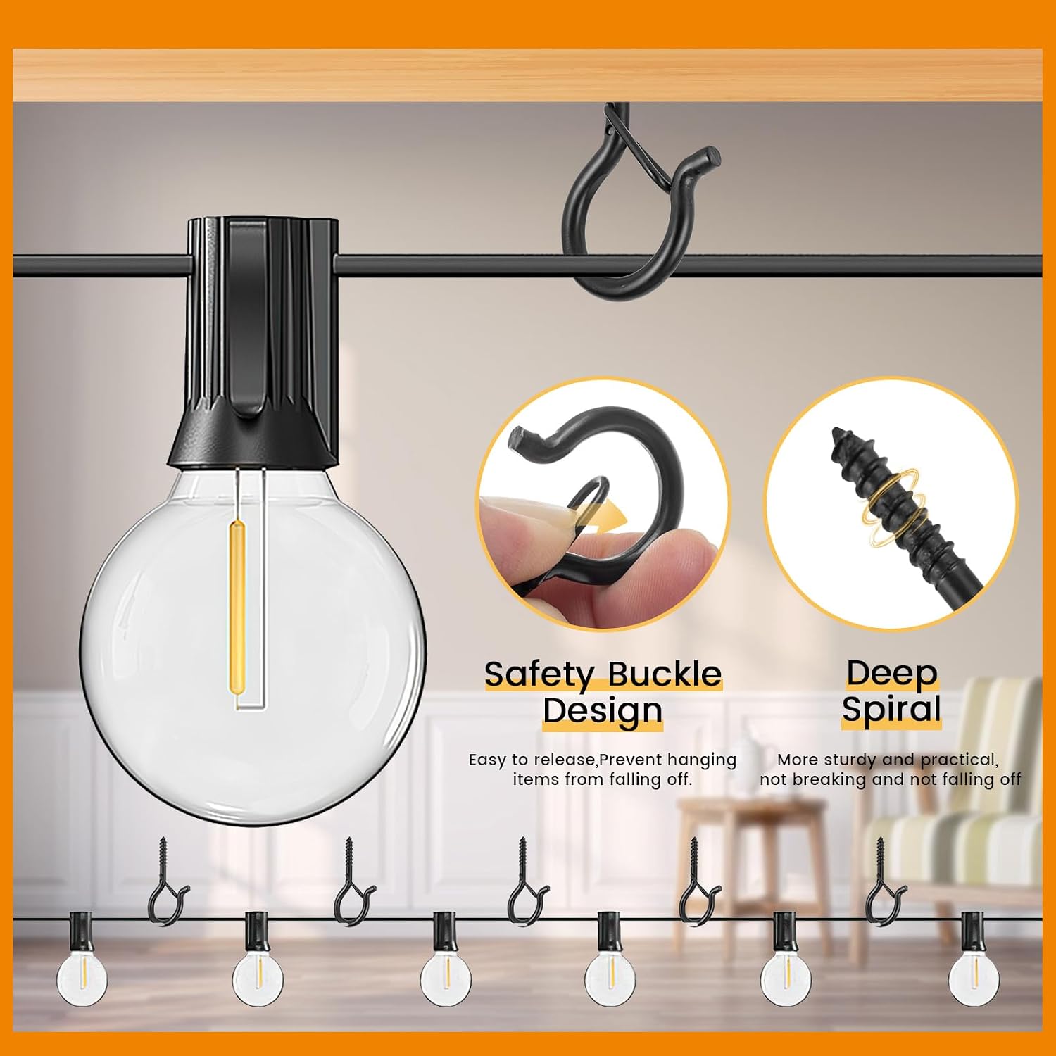 Detalle de TAIHUIMY Screw Hooks for Outdoor String Lights (Q-Hanger Clips) with Safety Buckle – 24 pack