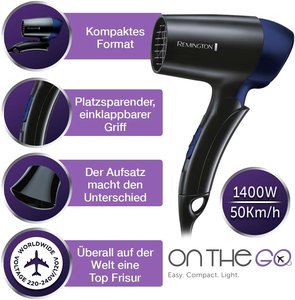 Thumbnail 3 de Remington D2400 On The Go Reisehaartrockner (extrem klein & klappbar) mit 1400 W und universalem 120/220–240 V
