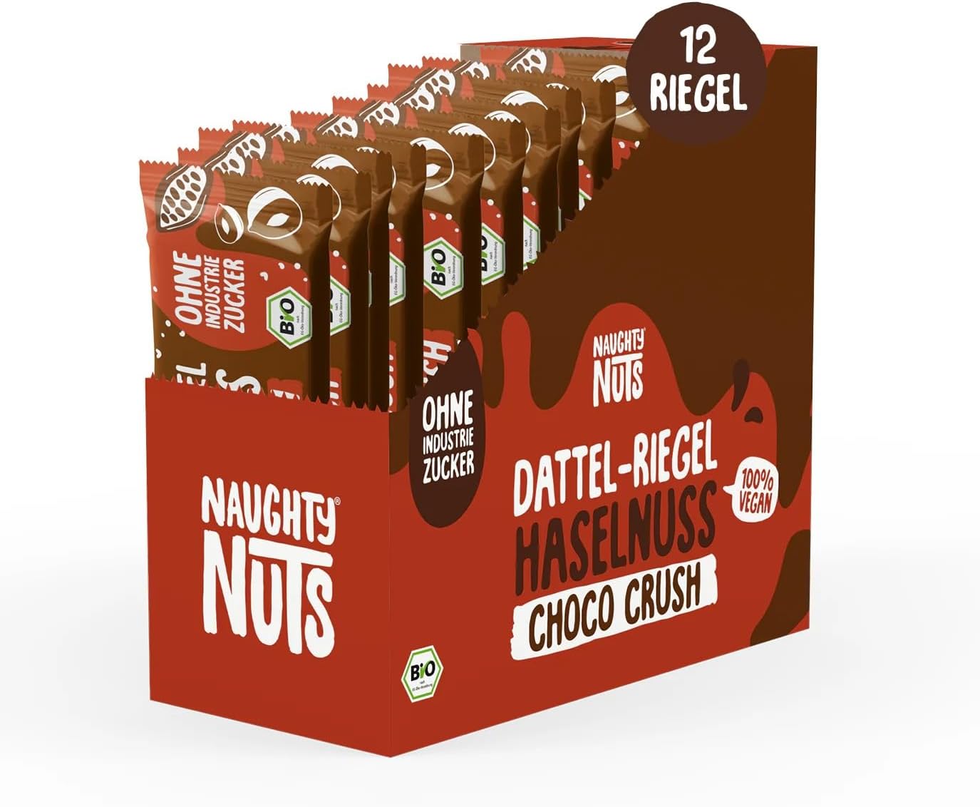 Naughty Nuts BIO Barretta di Datteri, Nocciole e Cioccolato Fuso – Vegana, Senza Glutine, Senza Zuccheri Raffinati (12 x 30 g)