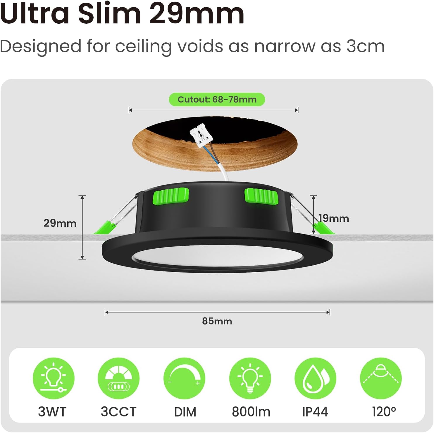Thumbnail 1 de ALUSSO LED Einbaustrahler 230V Schwarz Dimmbar – 4W/6W/8W, 3CCT, ultra flach, IP44, 10er Set