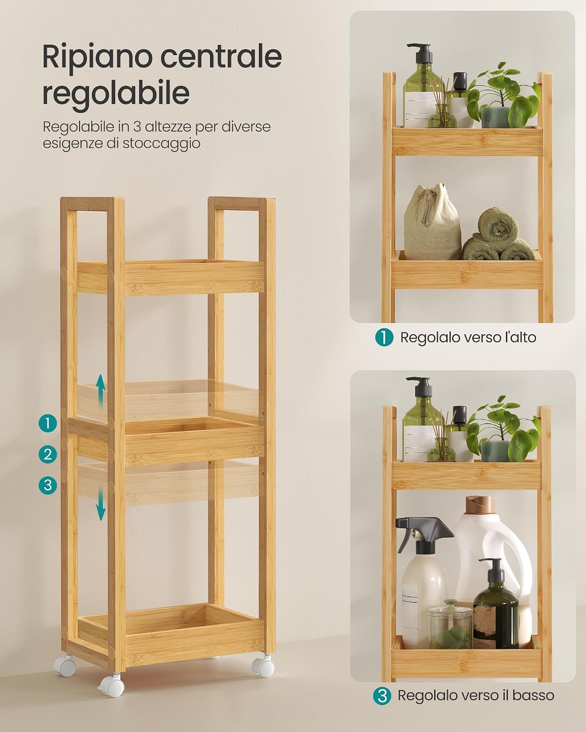 Thumbnail 4 de SONGMICS Carrellino Salvaspazio Bambu 3 Ripiani con Ruote, 20 x 30 x 80 cm, Beige Naturale – BCB083N01