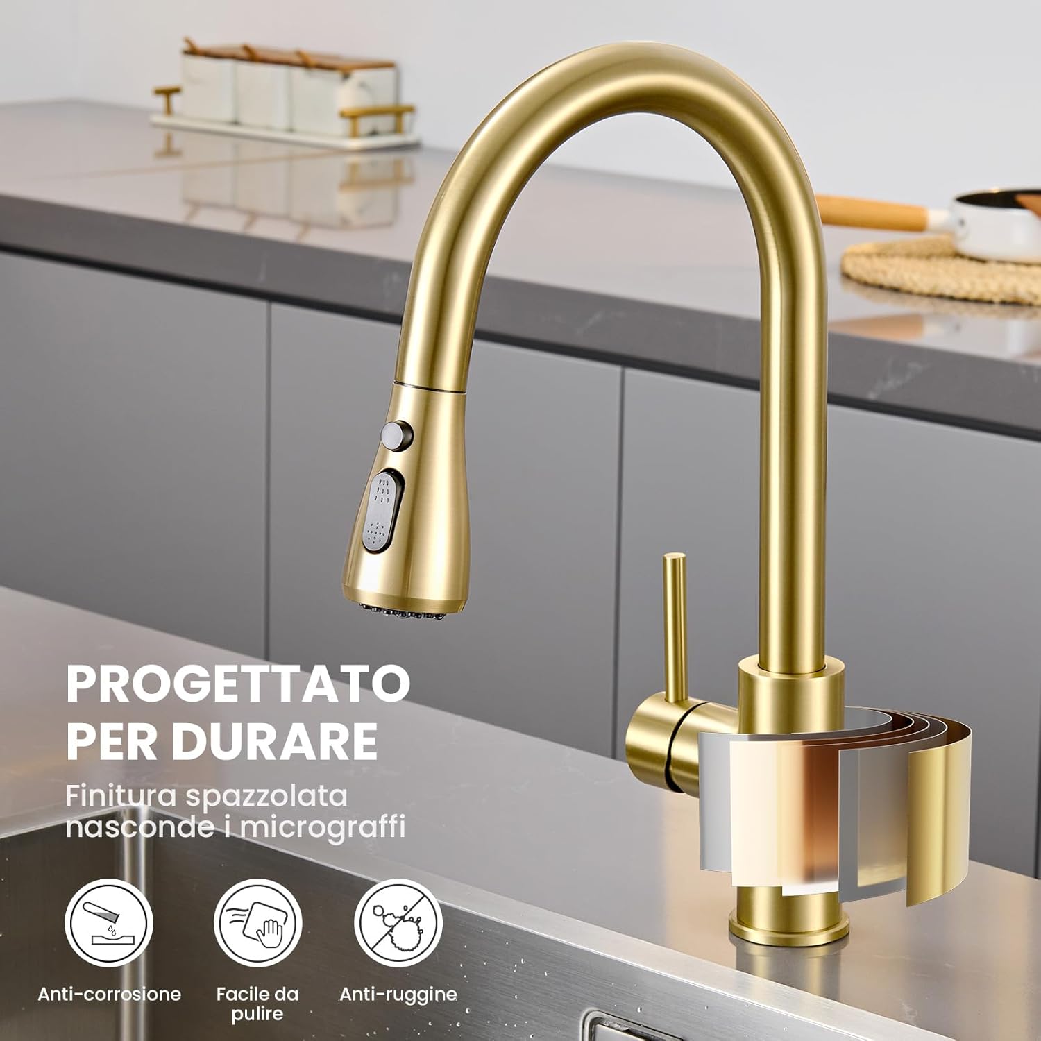 Thumbnail 3 de CECIPA Rubinetto cucina con doccetta estraibile e 2 modalità, finitura oro spazzolato