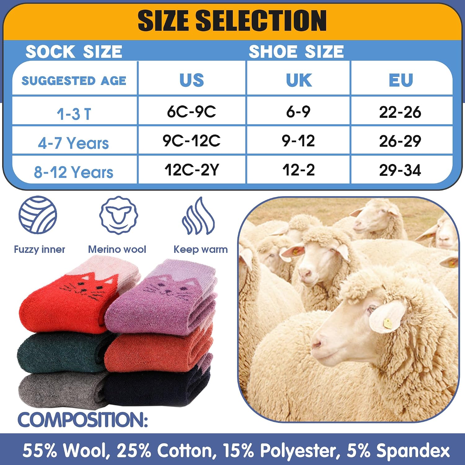 Detalle de ANTSANG Kids Merino Wool Hiking Socks, 6-Pair Crew Boot Socks