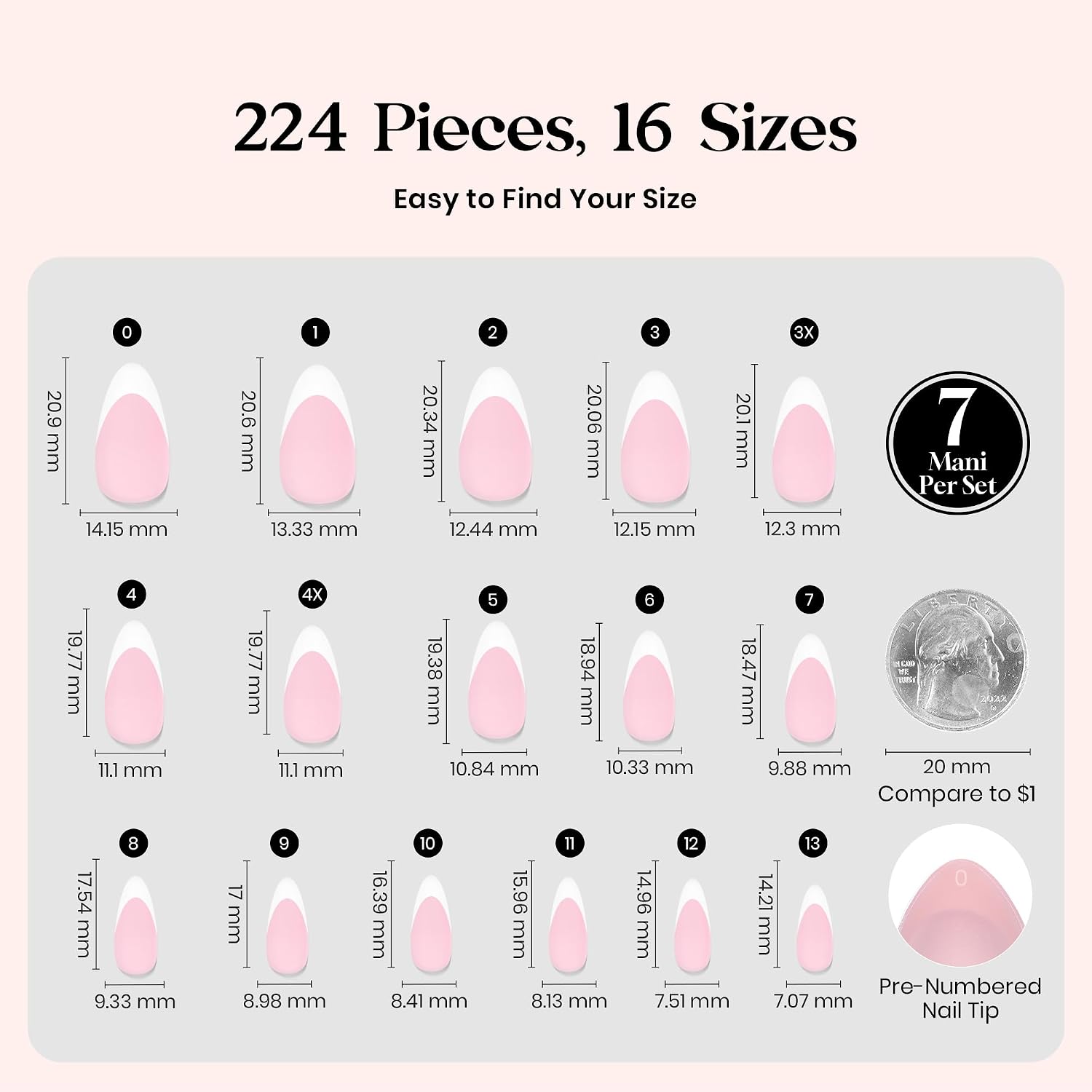 Detalle 2 de Beetles French Tips Press On Nails: 224 Pink Short Almond Nails (16 Sizes)