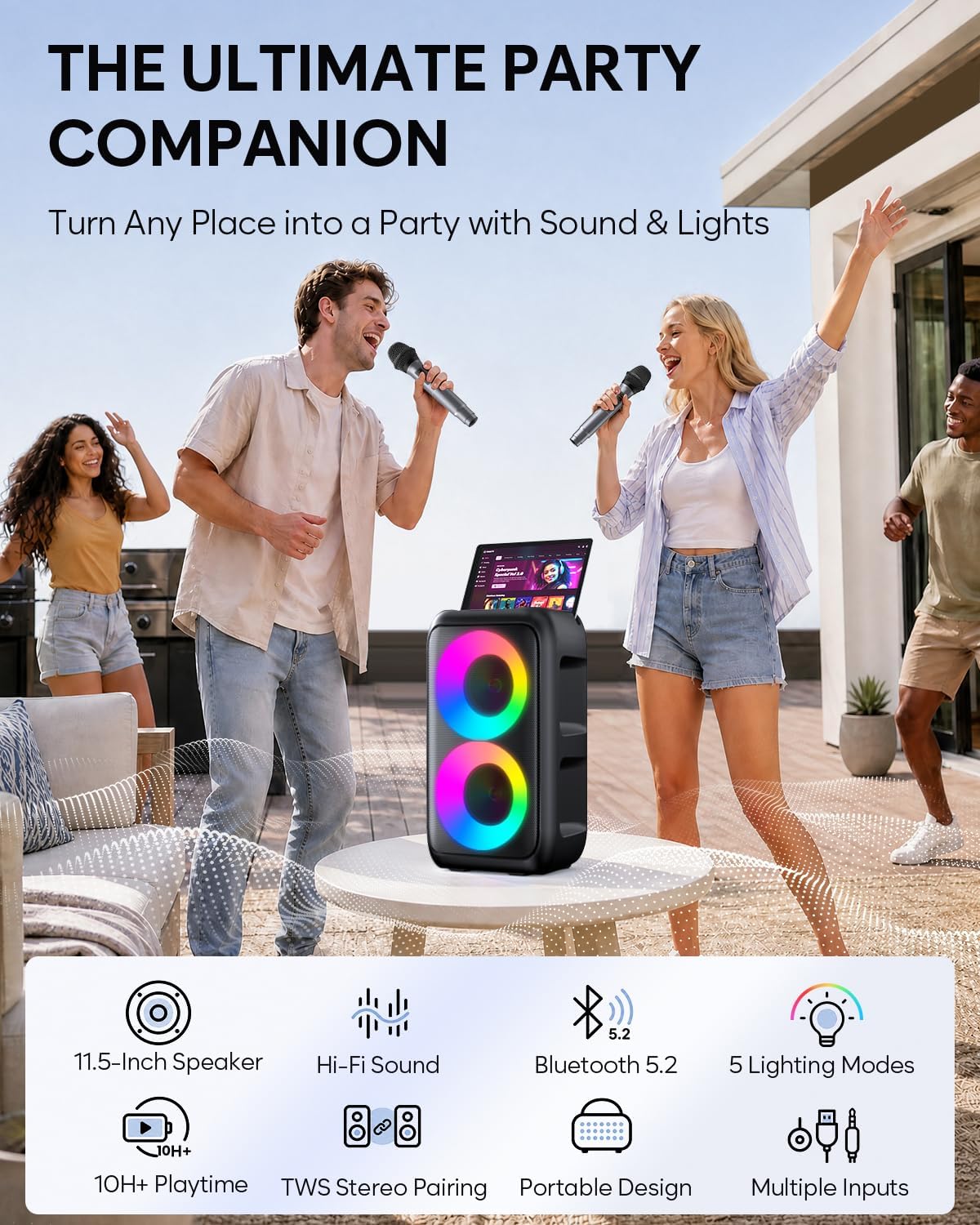 Detalle de HEEBUKE Karaoke Maschine mit 2 kabellosen Mikrofonen – Tragbarer Bluetooth Lautsprecher 2x10W