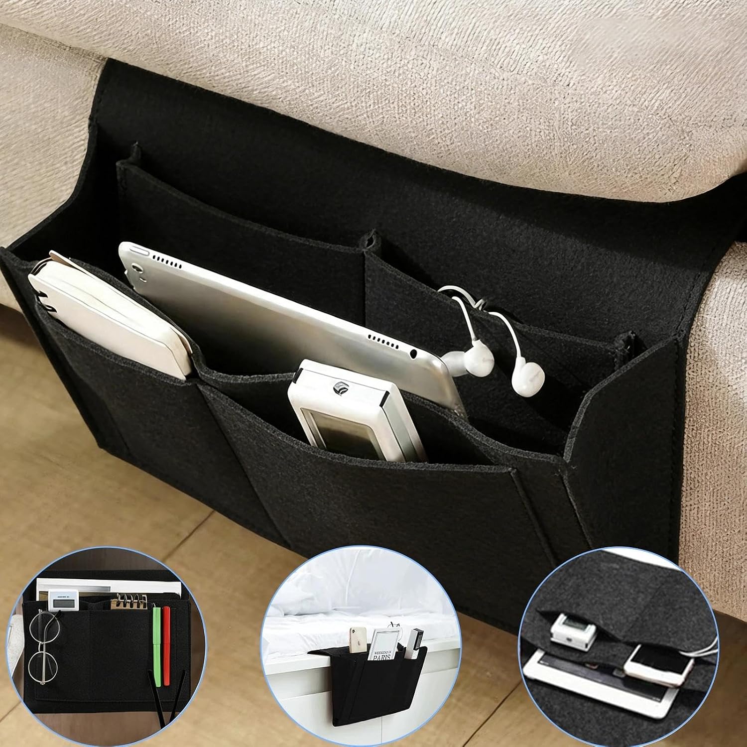 Detalle de Dryxog Bett Organizer zum Einhängen – Filz-BettOrganizer mit mehreren Fächern