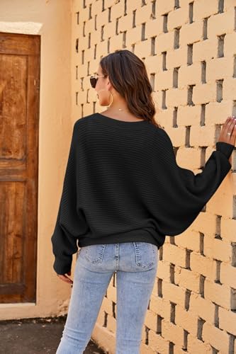 Detalle 2 de Fessceruna Damen-Oversize-Strickpullover mit Fledermausärmeln, Rundhals und Rippstruktur, Schwarz, L
