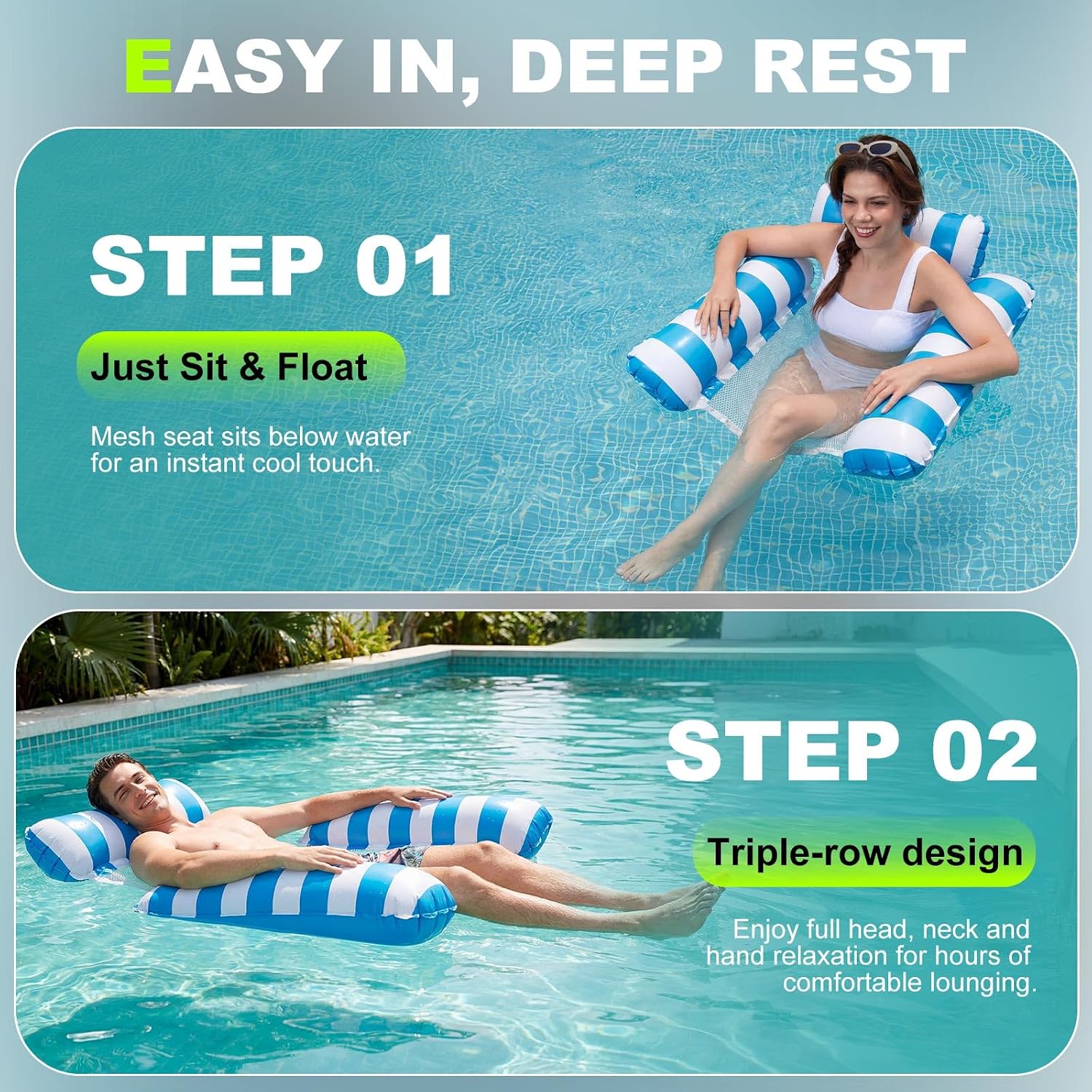 Detalle de SULIMRA 4-in-1 Inflatable Pool Floats Adult 2-Pack: Thick, Heavy-Duty Mesh Hammock Loungers