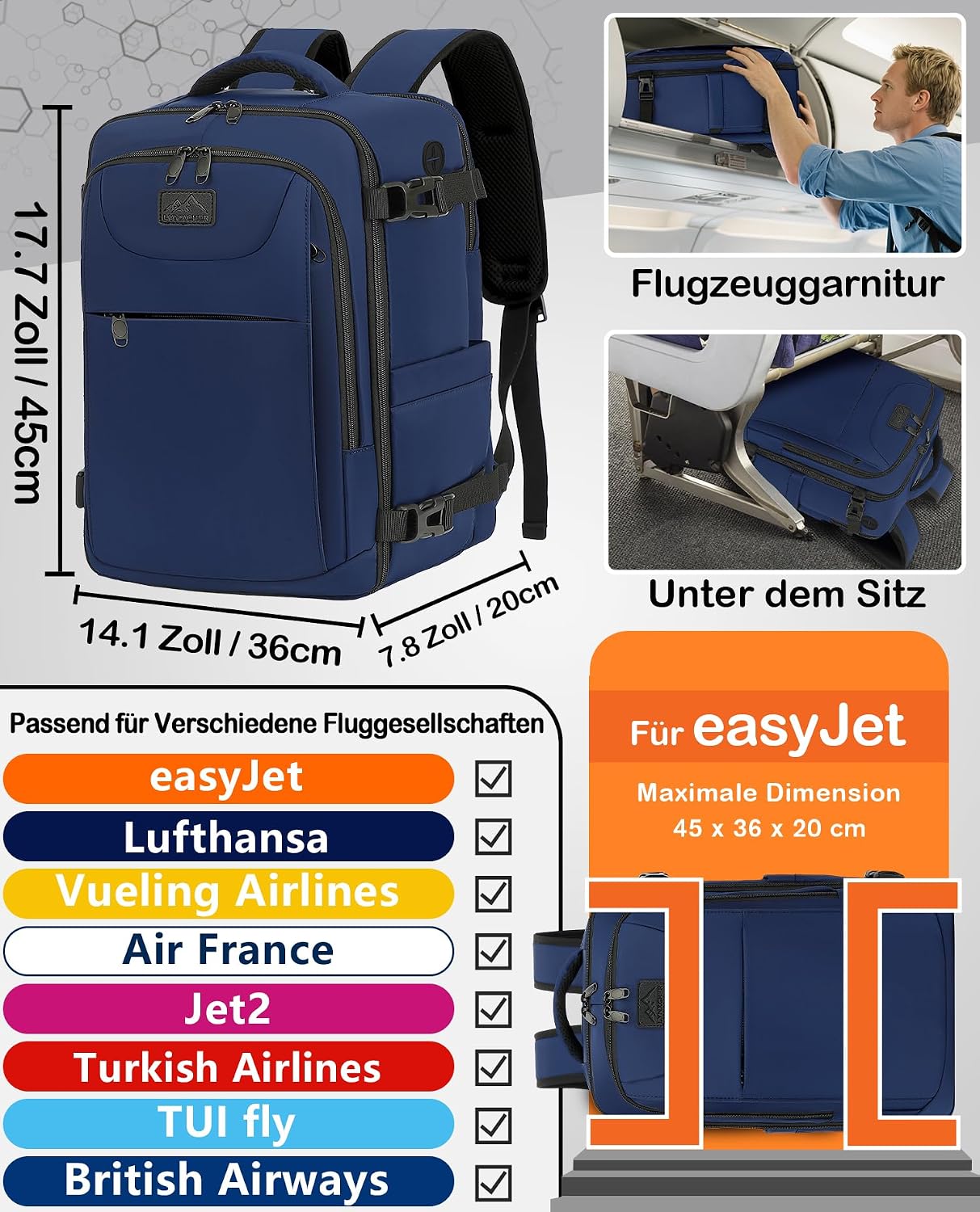 Thumbnail 1 de LYNXCHER Easyjet Handgepäck 45x36x20 30L Laptop Rucksack