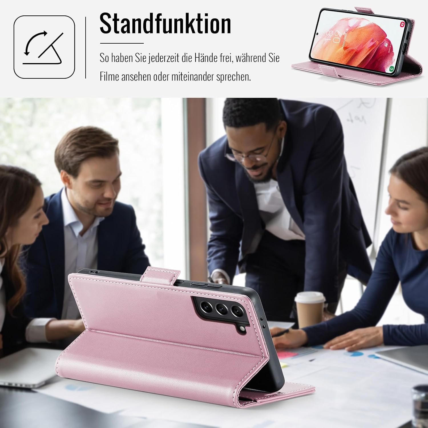 Detalle de Phernykas Handyhülle Samsung S21 – Leder-Wallet mit Kartenfach, Standfunktion und RFID-Schutz (Golden)