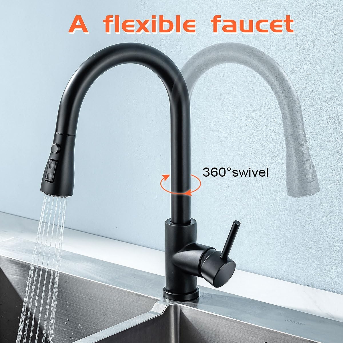 Detalle 2 de HASVREOG Kitchen Pull-Down Faucet Matte Black
