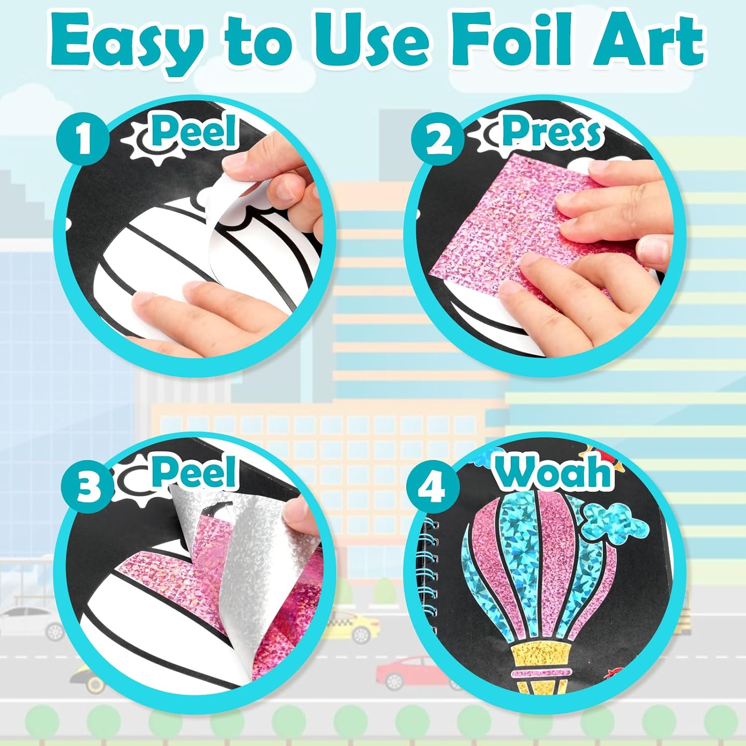 Detalle de LIKYMO Foil Art for Kids (Vehicles) – Foil Craft Book DIY set for ages 4–9