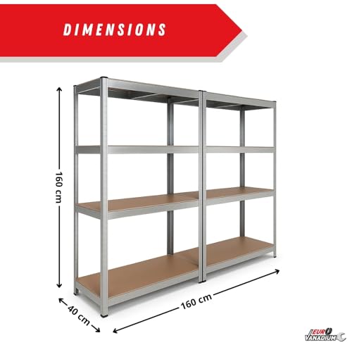 Detalle de EURO VANADIUM Double Étagères de Rangement Charges Lourdes – 160 x 160 cm, 640 kg, 4 niveaux, 8 plateaux, Gris