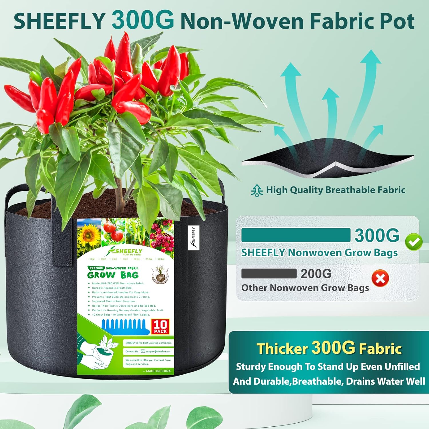 Thumbnail 2 de SHEEFLY 10 Pack 7 Gallon Grow Bags (300GSM) with Reinforced Handles and Plant Labels