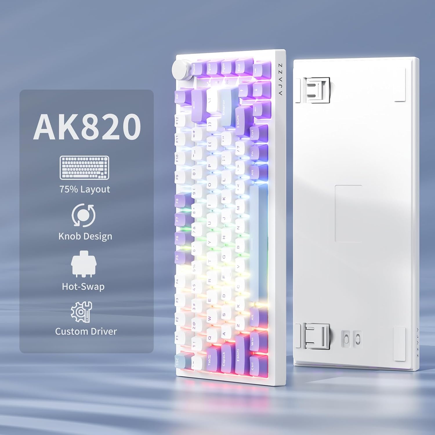 Detalle de AJAZZ AK820 Wired Mechanical Keyboard (75%, mit Lautstärke-Drehknopf, PBT-Keycaps, Hot Swap)
