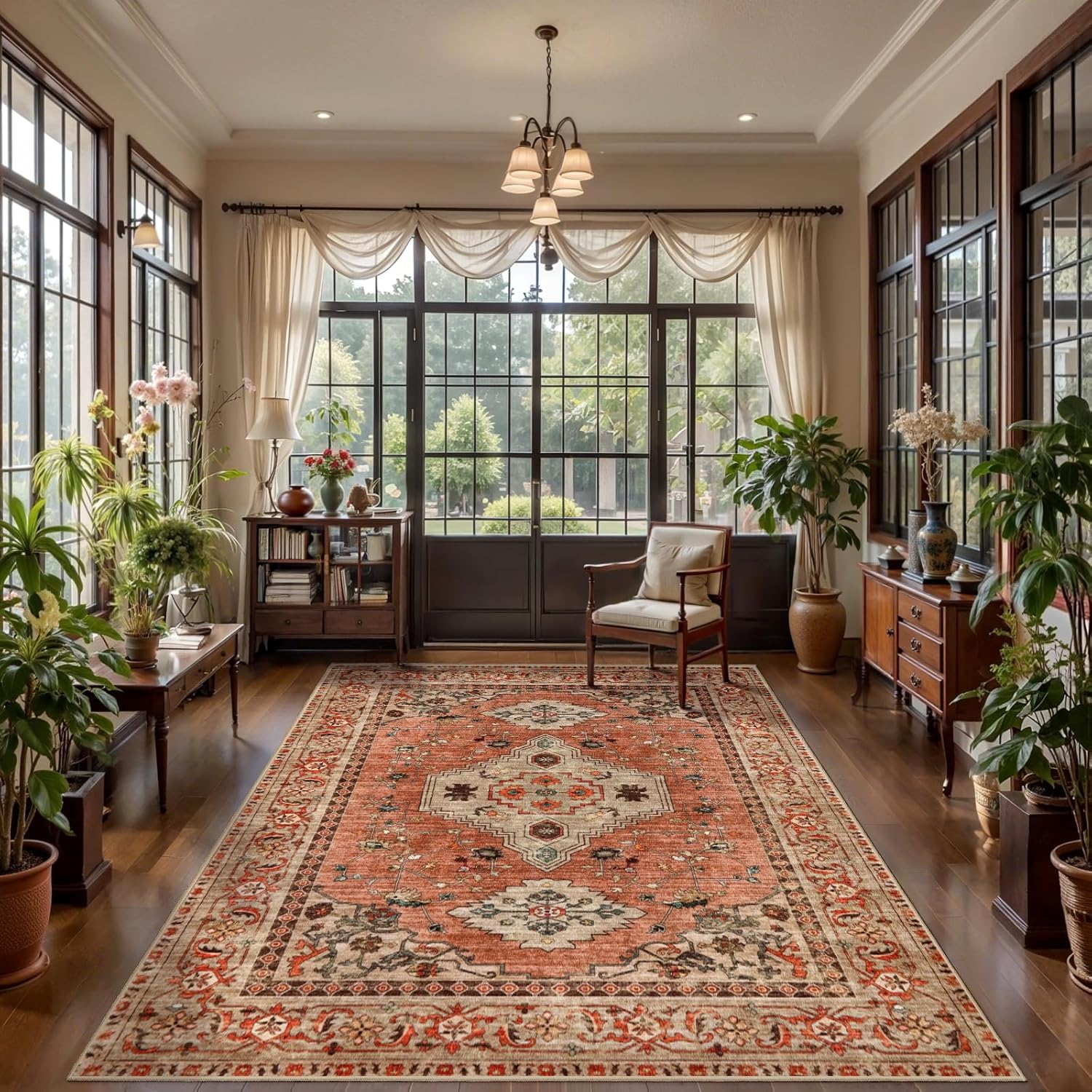 Thumbnail 1 de Tangsoo Boho Rug 5x7 Washable Area Rugs with TPE Non-Slip Backing (Terracotta, Low Pile)