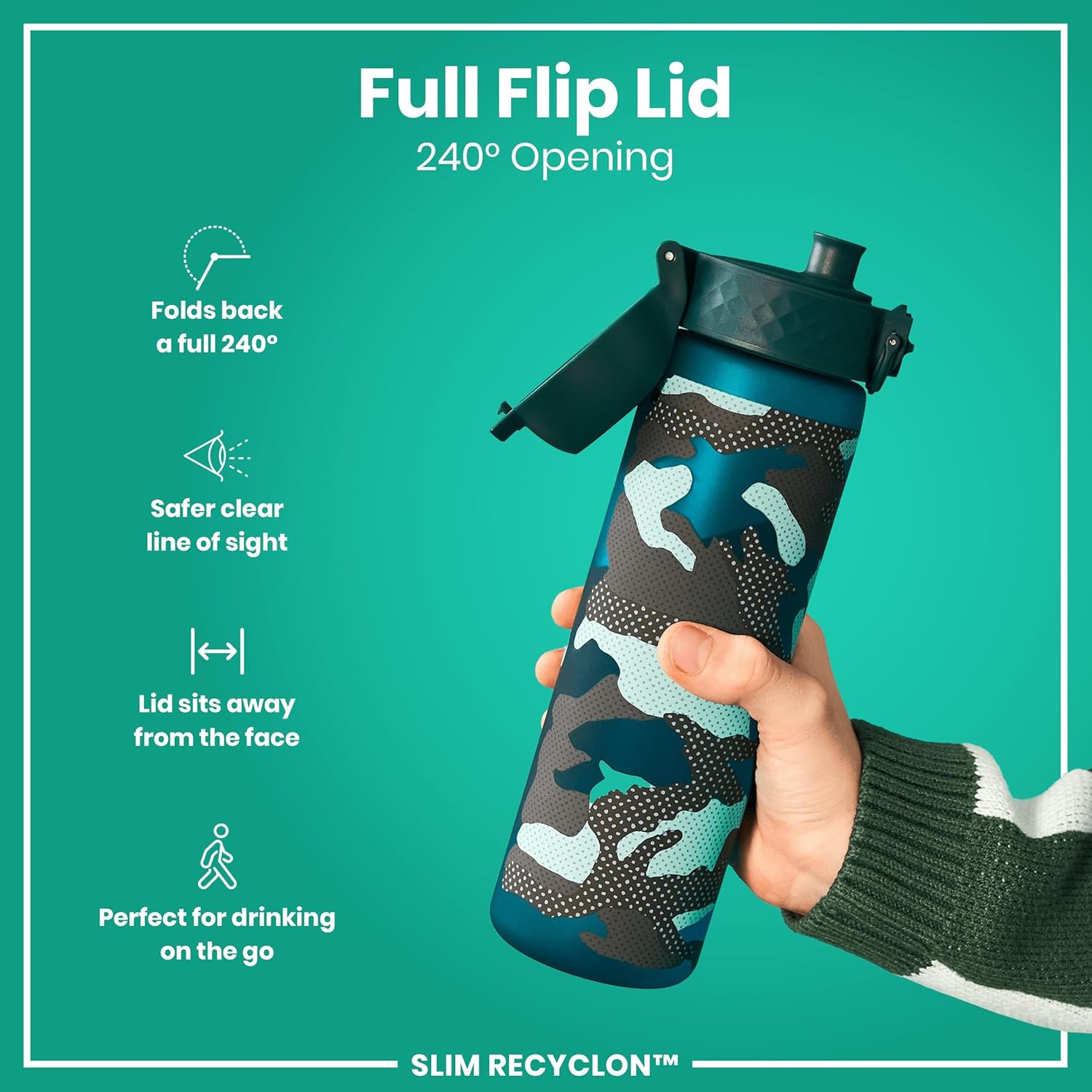 Detalle de Ion8 Water Bottle 500ml/18oz – Slim, Leak-Proof, BPA-Free (Aqua, Camo)