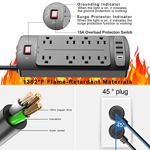 Detalle 2 de Nuetsa Surge Protector Power Strip with 8 Outlets, 4 USB Ports, and 6 ft Cord