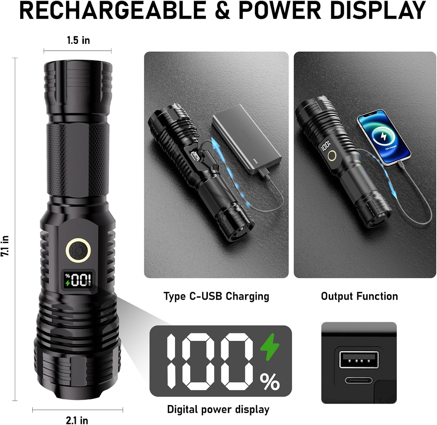 Detalle de CHILDBOT Y1915C Rechargeable LED Flashlight with LCD and Adjustable Focus