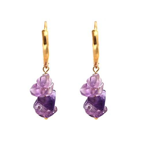 Detalle 2 de Gempires Amethyst Chip Leverback Hoop Earrings – 14K Yellow Gold Plated Handmade Gemstone Hoops
