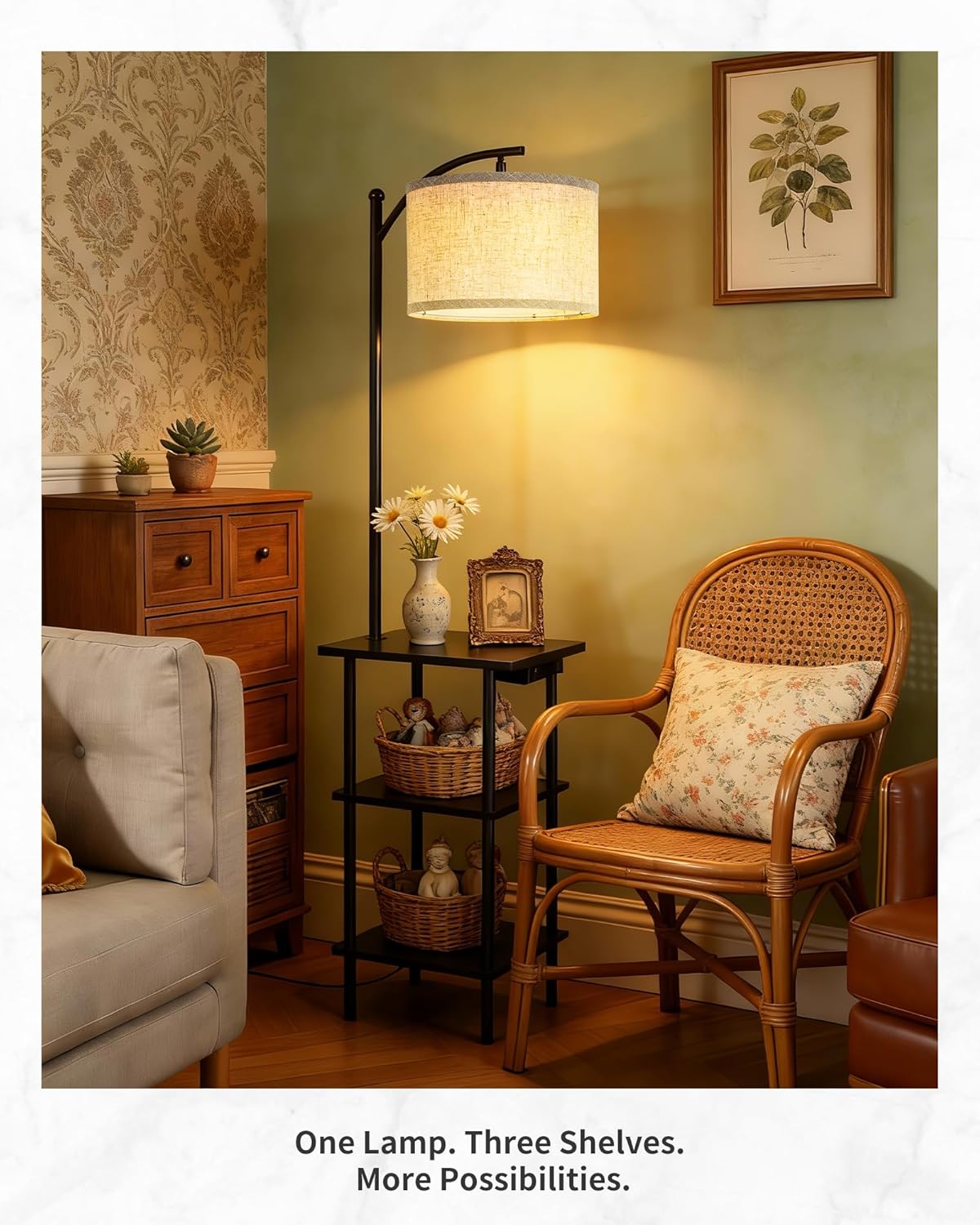 Detalle de LuminexDesigns Vintage Stehlampe mit Regal – Holz, USB/Type-C, 3 Ebenen, E27, Schwarz