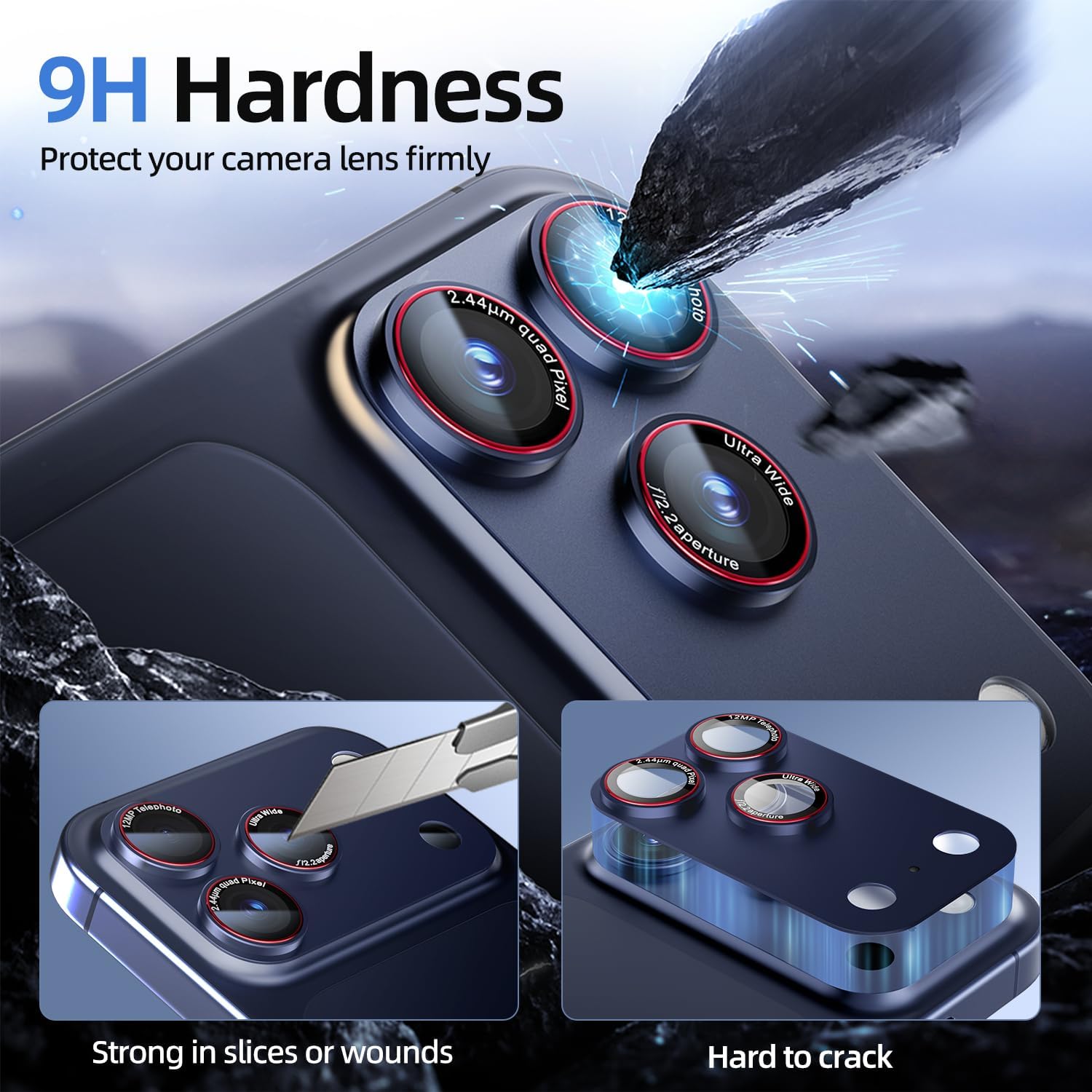 Detalle 2 de HelloDeere 9H High-alumina Tempered Glass Camera Lens Protector for iPhone 17 Pro (Blue, 2-Pack)