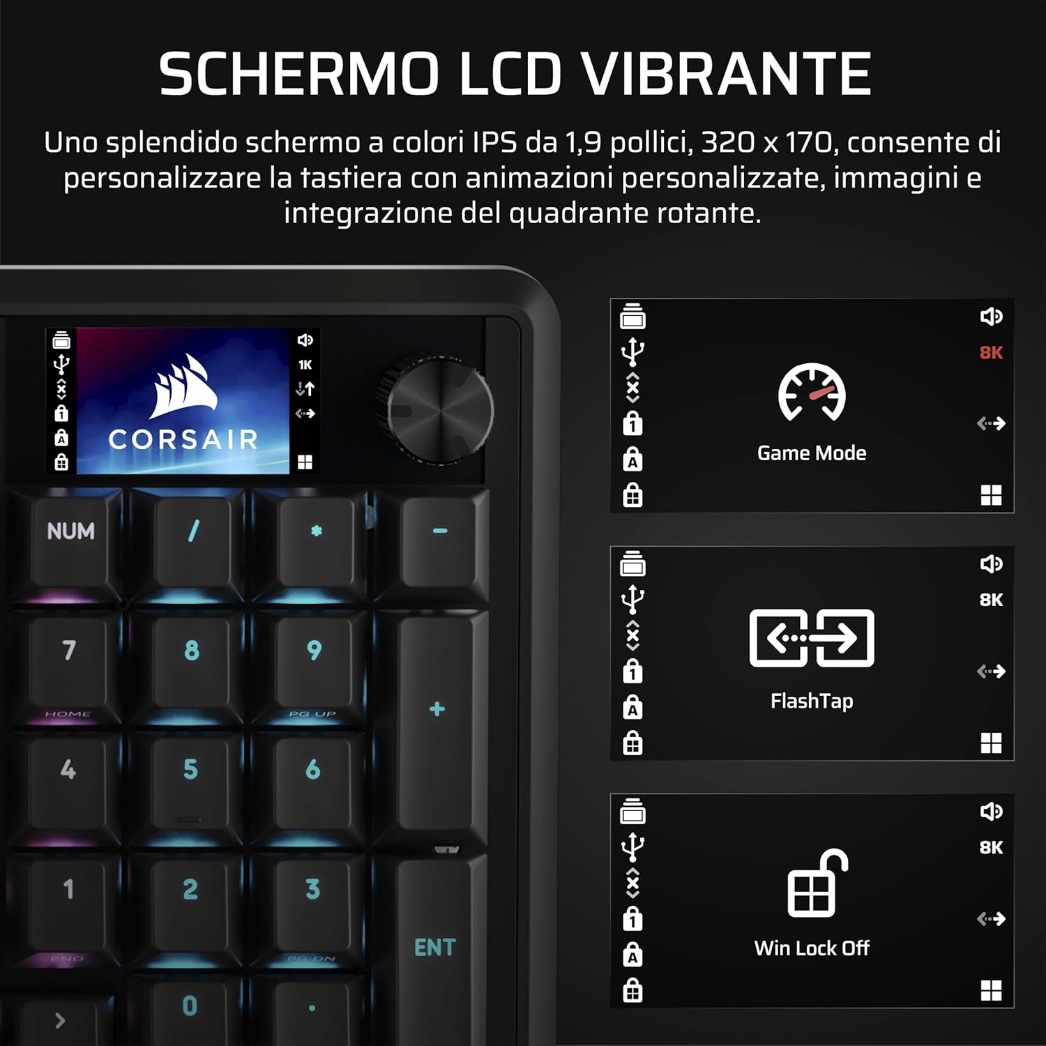 Thumbnail 5 de Corsair VANGUARD 96 Tastiera meccanica gaming cablata layout al 96% QWERTY IT (MLX Plasma, 8.000 Hz) con LCD e Virtual Stream Deck – Nero