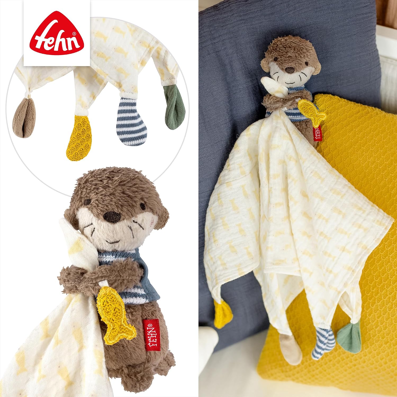 Detalle de Fehn Musselin-Schmusetuch Otter – Coccole e Compagno di sonno per neonati e bambini