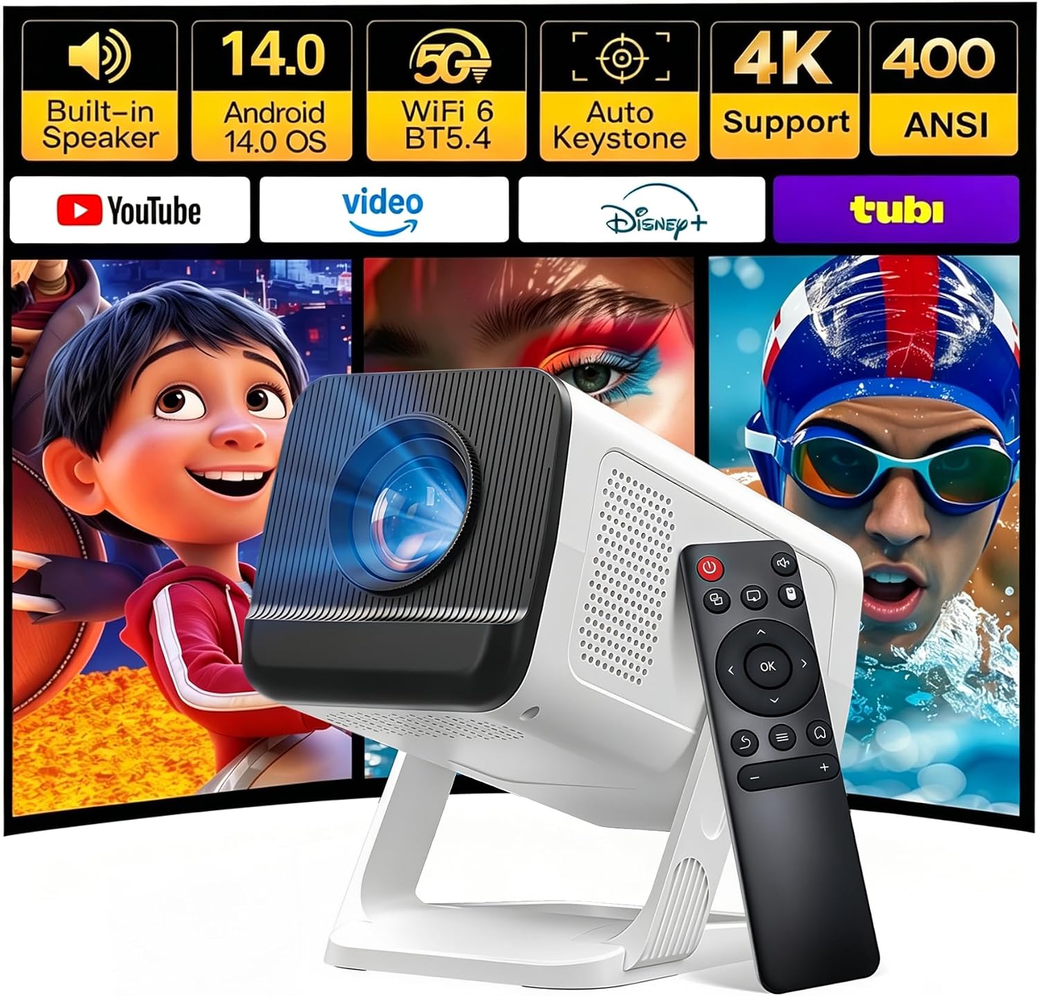 Detalle de LYNCast V300 Mini Projector with WiFi 6, BT 5.4, Android 14, and 4K Support