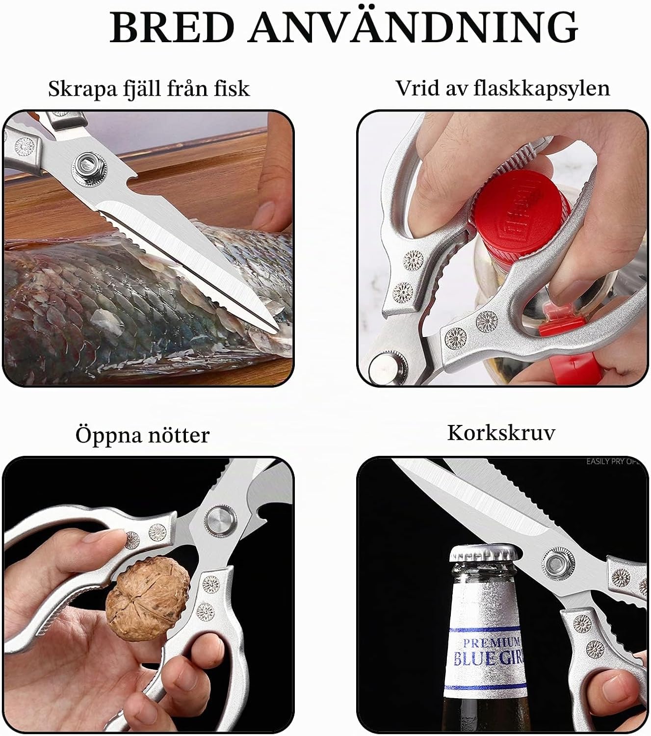 Detalle de WANGDEFU kökssax i rostfritt stål med mikrotandat blad och flasköppnare