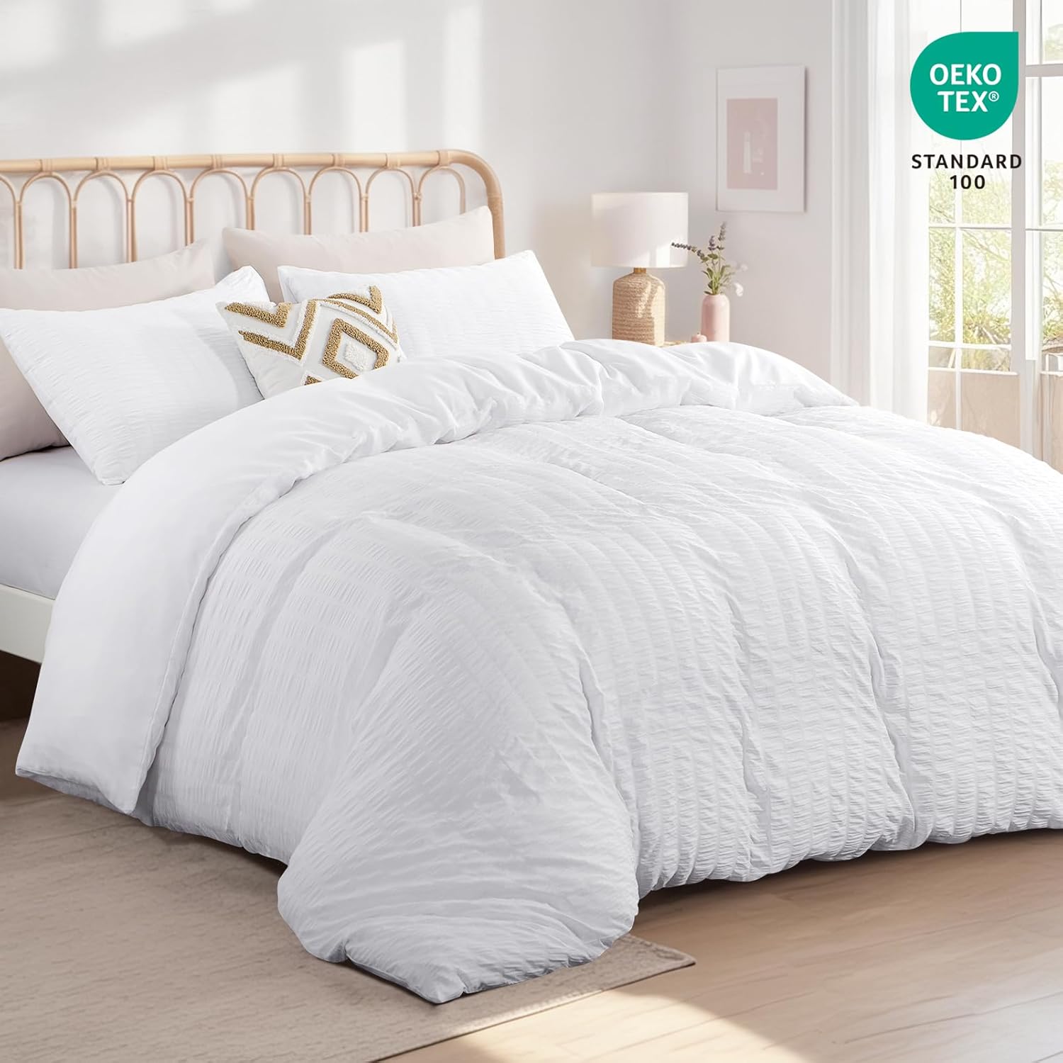 Thumbnail 1 de Aisbo King Size Seersucker Duvet Cover Set, White – 3pc (230×220cm) with 2 Pillowcases