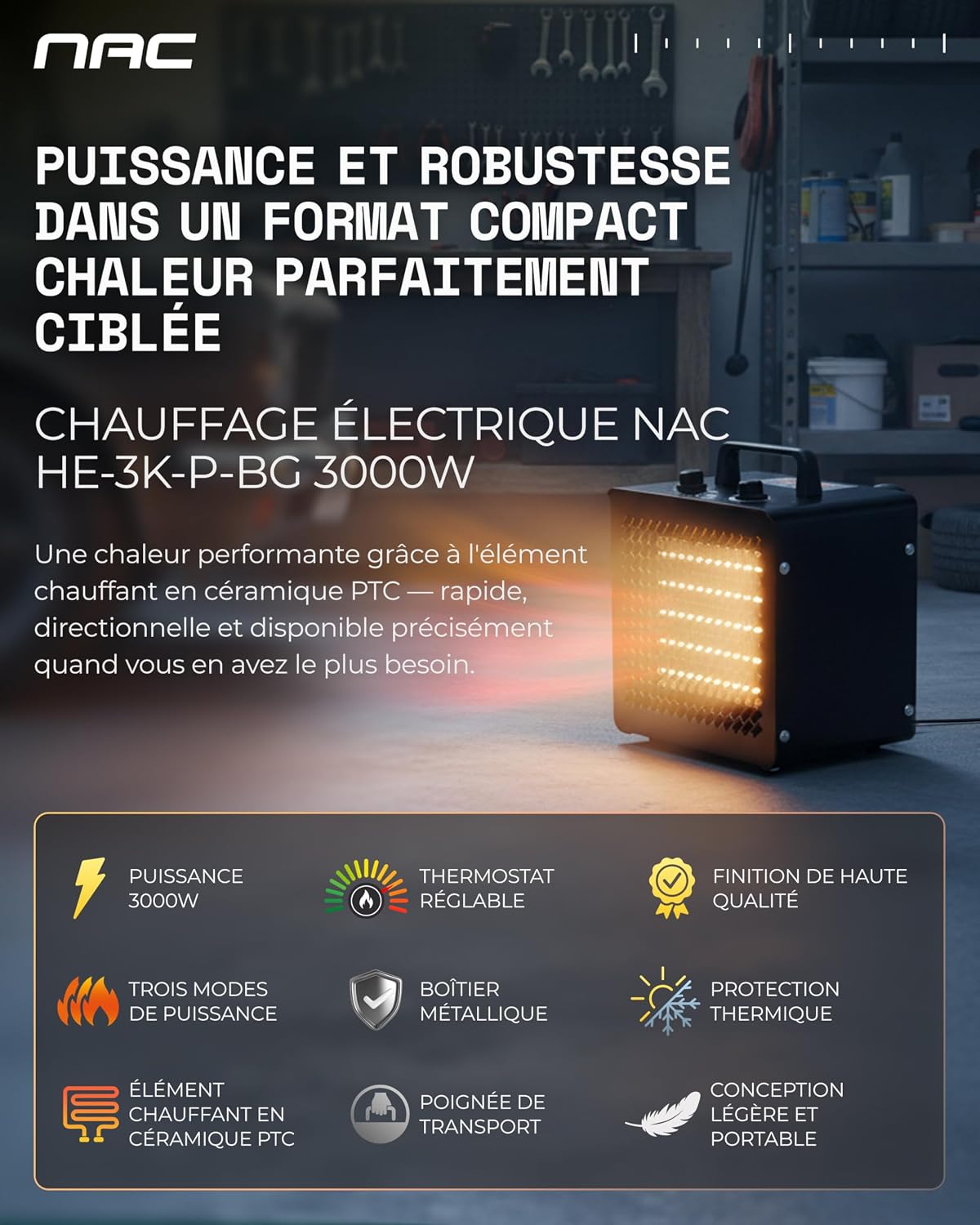 Thumbnail 6 de NAC Chauffage Soufflant Électrique 3000W – Radiateur mobile en céramique pour atelier, garage et serre
