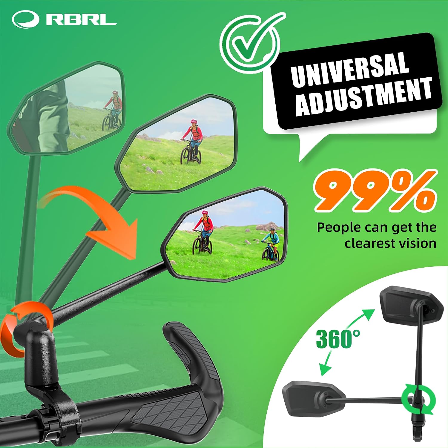 Detalle de RBRL Bike Mirror for Ebike, Aluminium Alloy Handlebar Mount Rear View (Right) – Anti-shake, Foldable HD Glass