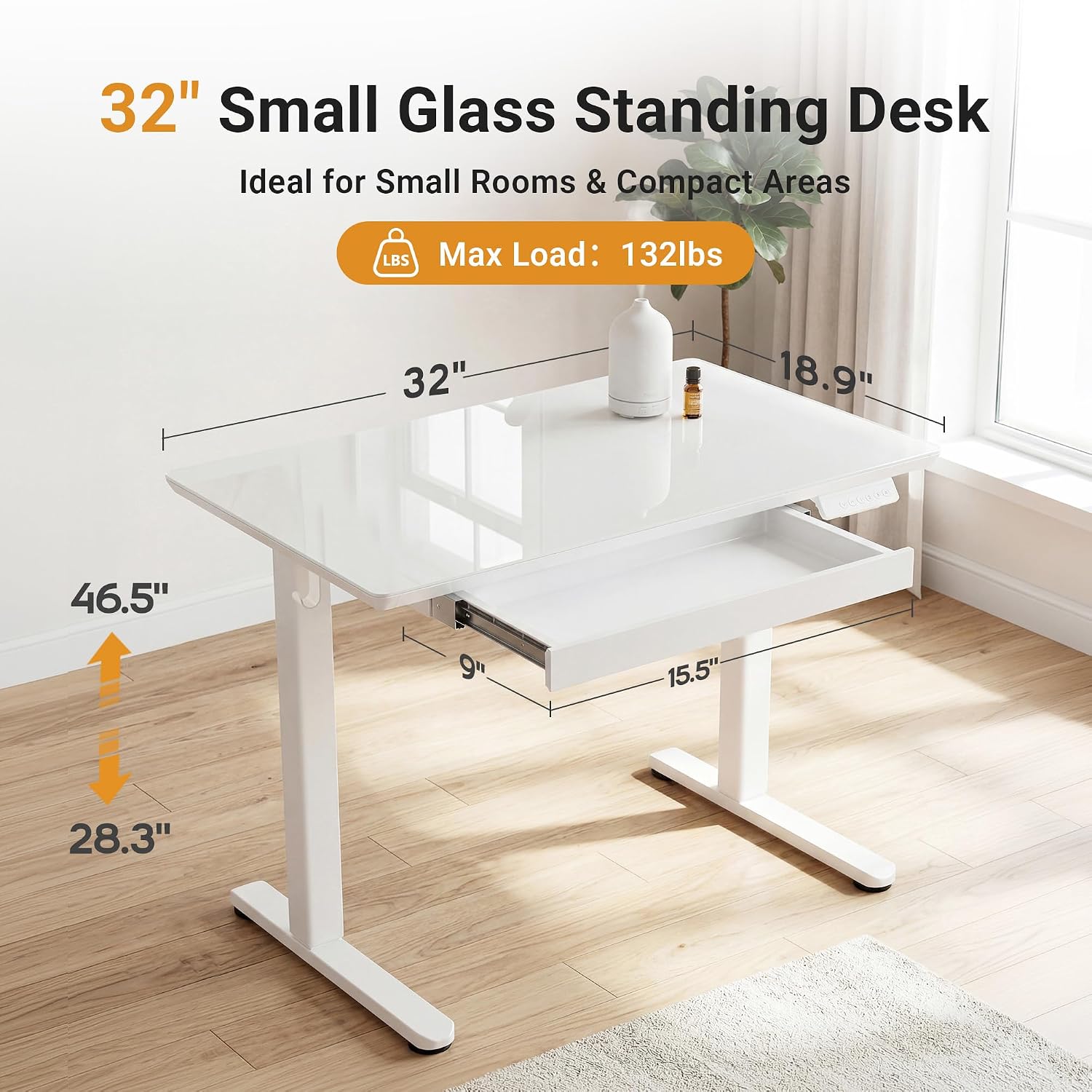 Thumbnail 2 de YDN SD-BDC-32SW-W Glass Standing Desk, 32-Inch White Top with Drawer