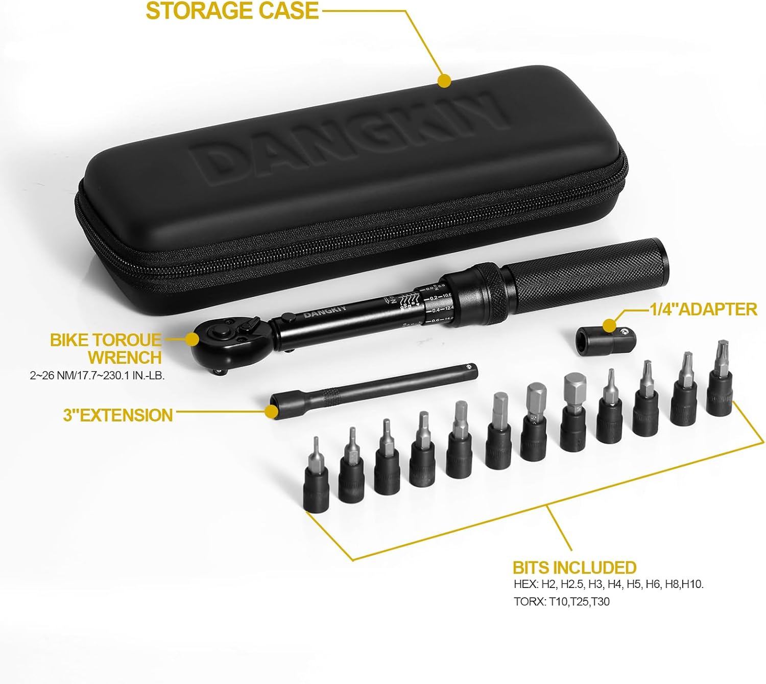 Detalle de DANGKIY Drehmomentschlüssel Fahrrad 1/4 Zoll – 15-teiliges Set mit Innensechskant, Torx Bits und Verlängerungsstange (2–20 Nm)