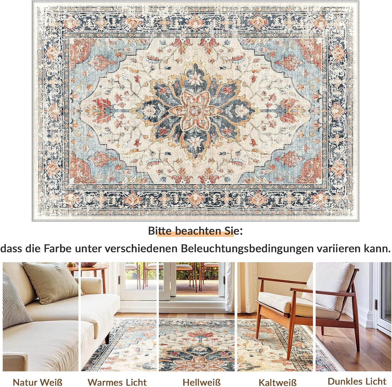 Thumbnail 6 de INOVADAY Vintage Waschbarer Teppich 120x180 cm – Boho Kurzflor, rutschfest & pflegeleicht