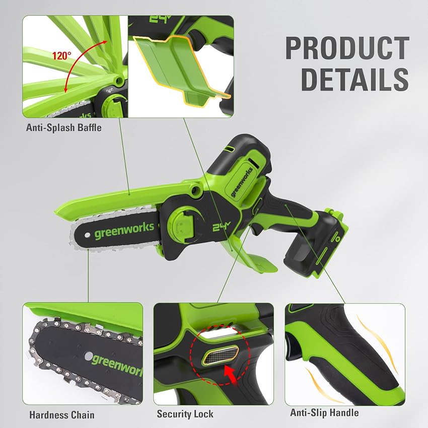 Detalle 2 de Greenworks 24V Mini Motosierra 10cm: Ligera y Eficiente 🌳
